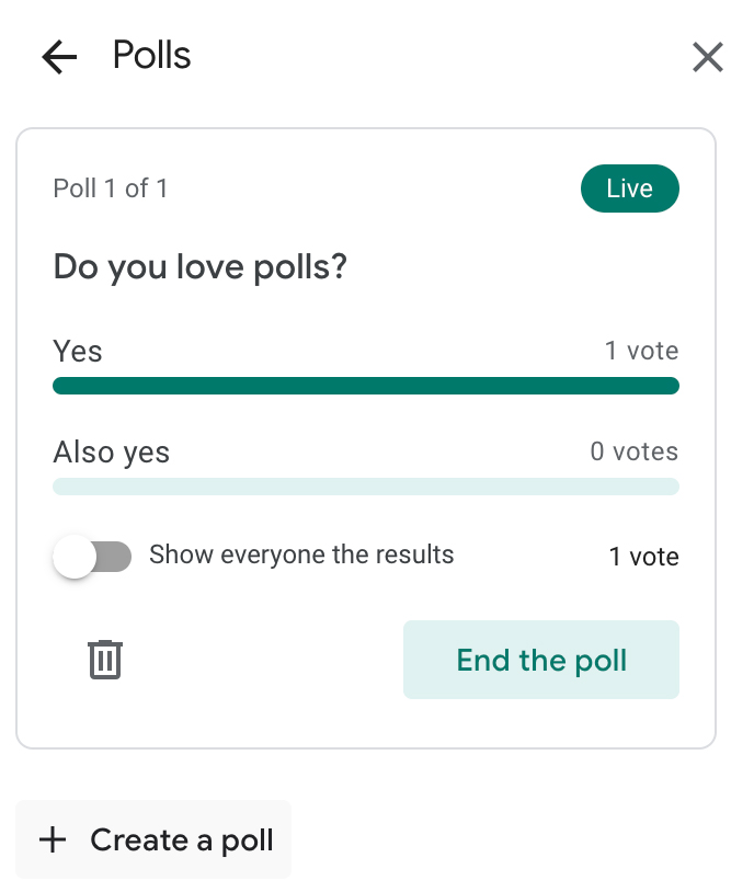 Example poll showing the question and votes for each answer